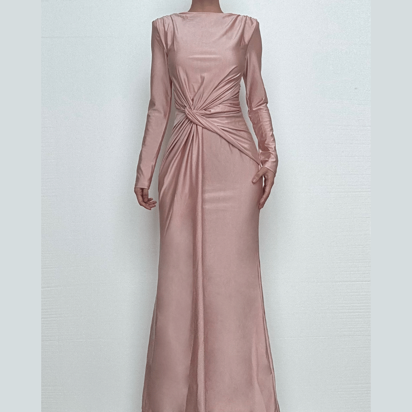 Long sleeve padded ruched maxi dress