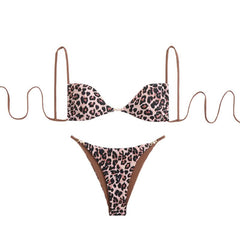 Leopard print self tie v neck cami bikini swimwear