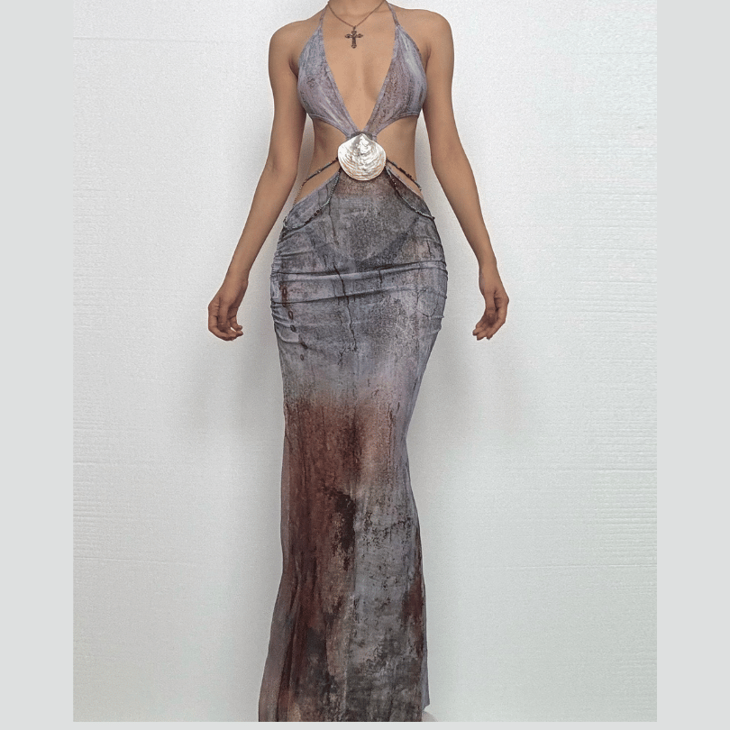 Halter self tie deep V neck sheer mesh shell applique maxi dress
