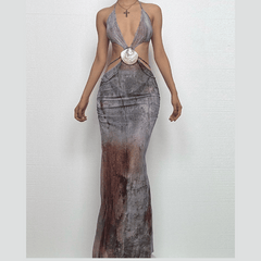 Halter self tie deep V neck sheer mesh shell applique maxi dress