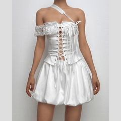 One off shoulder irregular lace up satin ruffle puff skirt set