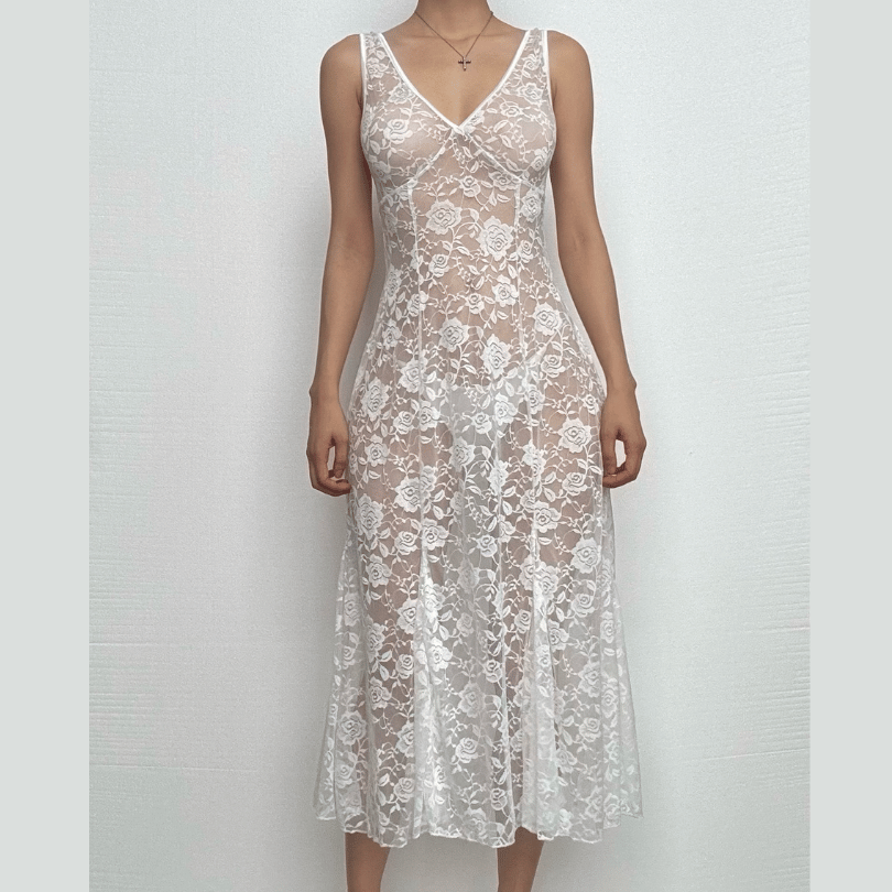 Sleeveless V neck rose pattern lace see through midi dress-final-sale