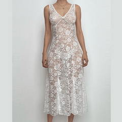 Sleeveless V neck rose pattern lace see through midi dress-final-sale