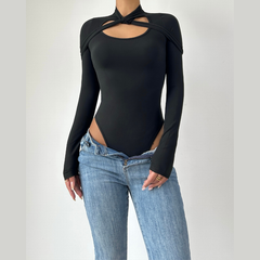 Long sleeve hollow out crewneck button bodysuit