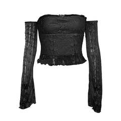 Off shoulder long sleeve mesh embroidery top