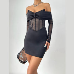 Off shoulder long sleeve mesh bowknot mini dress