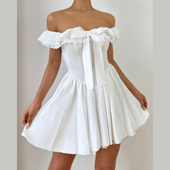 Off shoulder lace hem ruched zip-up mini dress