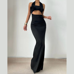 Halter flower applique hollow out cut out maxi dress