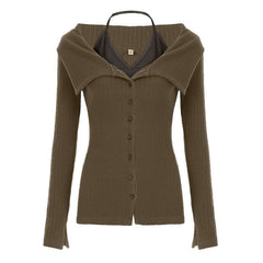 Long sleeve turnover collar halter button 2 piece top