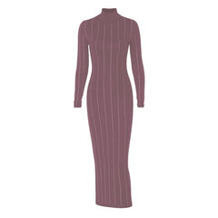 Long sleeve high neck beaded solid midi dress-final-sale