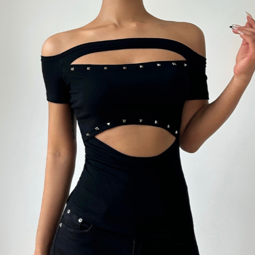 Hollow out off shoulder beaded short sleeve cut out top