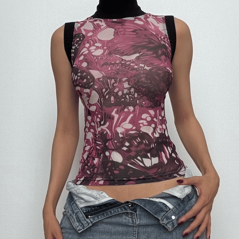 Sleeveless high neck butterfly print mesh top-final-sale