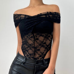 Off shoulder ruched lace button solid bodysuit