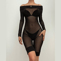 Mesh see through gloves solid off shoulder long sleeve romper-final-sale