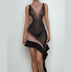 Sleeveless crewneck print irregular mesh mini dress