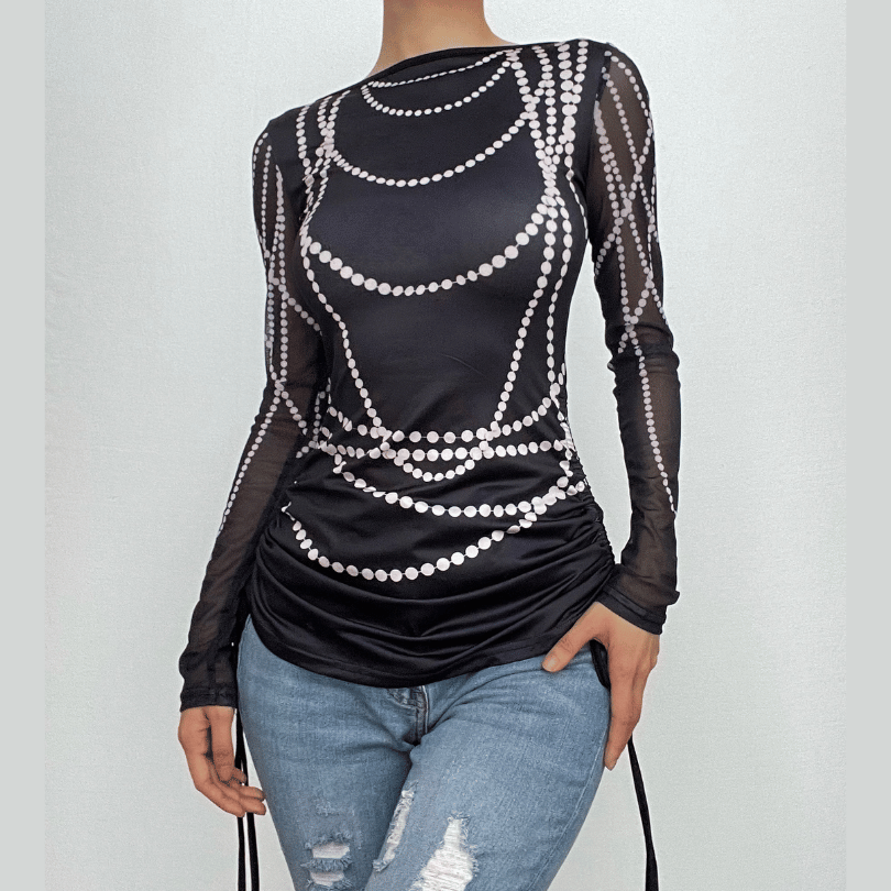 Drawstring long sleeve beaded print contrast backless top-final-sale