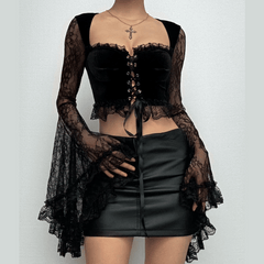 Long flared sleeve velvet lace patchwork ruffle lace up crop top