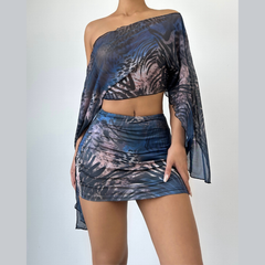Mesh long sleeve off shoulder print mini skirt set