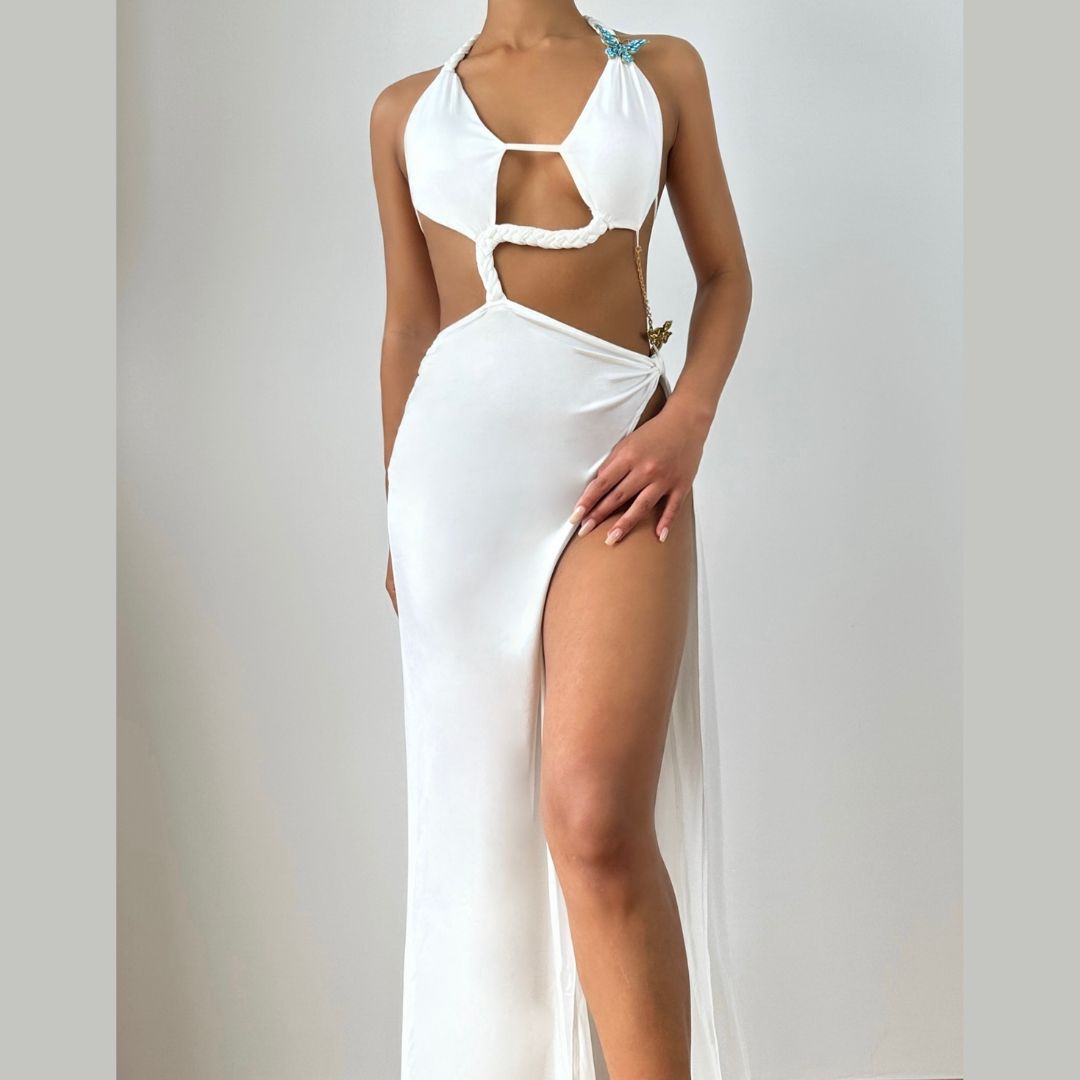 Slit hollow out halter butterfly applique cut out maxi dress