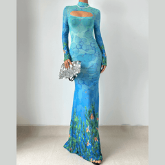 Long sleeve hollow out high neck print cut out maxi dress