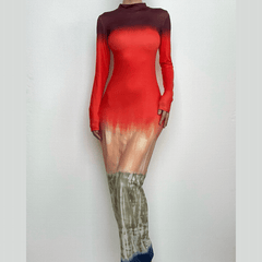 Tie dye print long sleeve high neck contrast maxi dress-final-sale