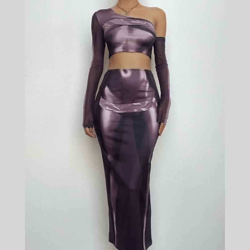Long sleeve one shoulder body print irregular midi skirt set-final-sale