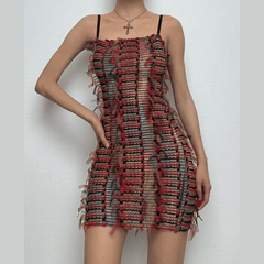 Mesh ruffle stitch contrast textured cami mini dress-final-sale