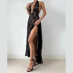 Halter self tie lace slit hollow out cut out maxi dress