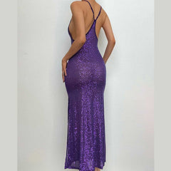 Glitter u neck see through backless cami maxi dress-final-sale