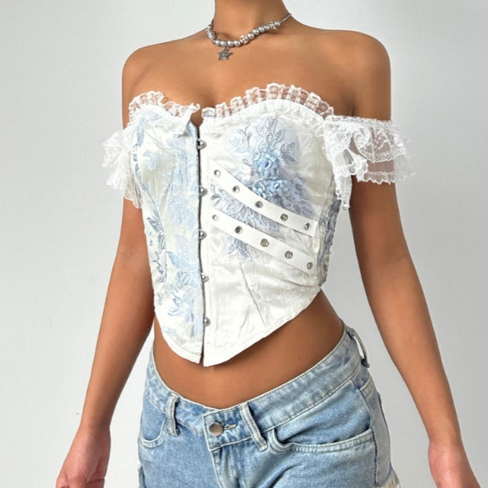 Off shoulder sweetheart neck smocked flower pattern top