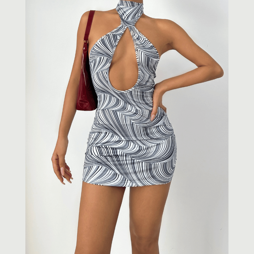 Ripple halter hollow out cut out mini dress