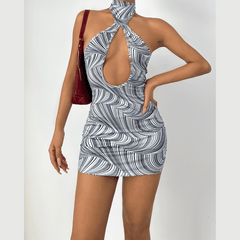 Ripple halter hollow out cut out mini dress