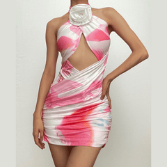 Flower applique cross front ruched contrast self tie mini dress-final-sale