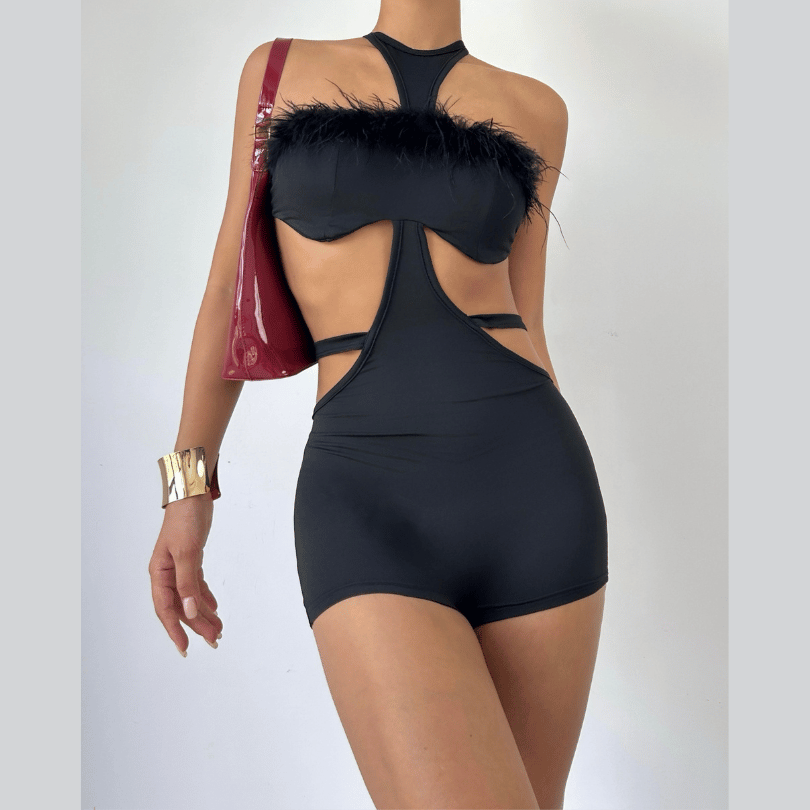 Self tie hollow out fluffy romper