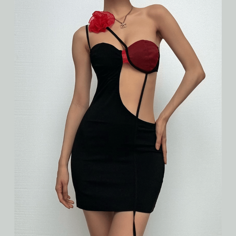 One shoulder flower applique irregular cami mini dress-final-sale