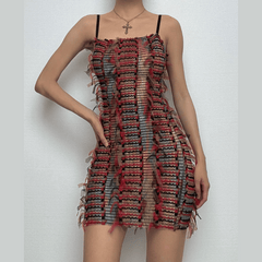 Mesh ruffle stitch contrast textured cami mini dress