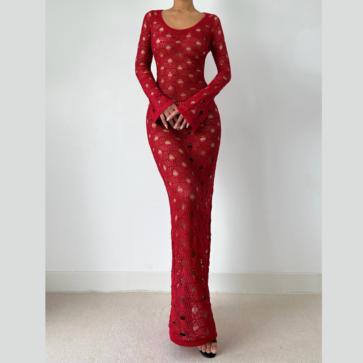 Long flared sleeve hollow out cut out maxi dress