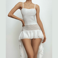 Lace patchwork square neck ruffle solid cami mini dress