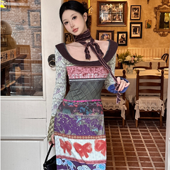 Long sleeve contrast bowknot print maxi dress