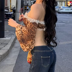 Leopard print long sleeve off shoulder lace hem top