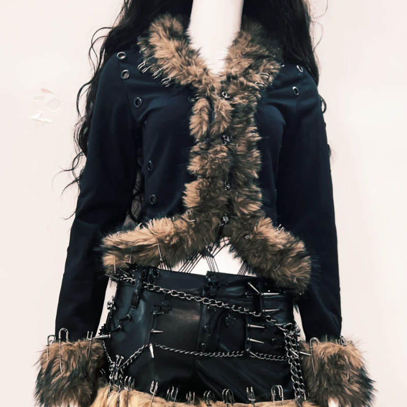 Fluffy long sleeve skull applique hollow out cut out top
