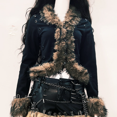 Fluffy long sleeve skull applique hollow out cut out top