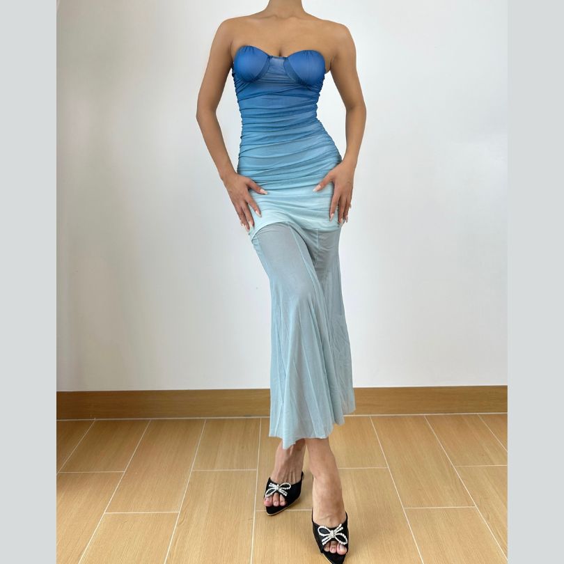 Gradient ruched mesh tube midi dress