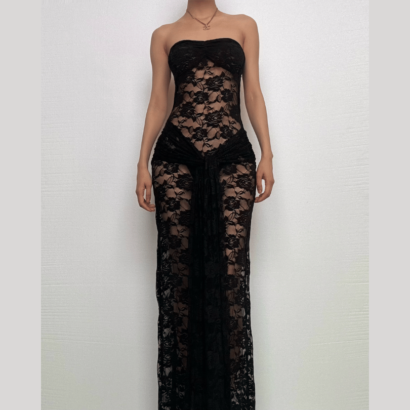Lace ruched ruffle see through tube maxi dress-final-sale