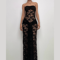 Lace ruched ruffle see through tube maxi dress-final-sale