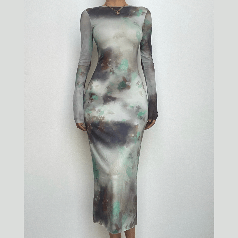 Long sleeve crewneck tie dye mesh gloves contrast midi dress-final-sale