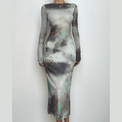 Long sleeve crewneck tie dye mesh gloves contrast midi dress-final-sale