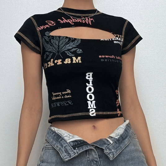 Contrast print short sleeve stitch hollow out crewneck crop cut out top