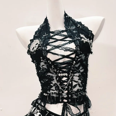 Hollow out lace up lace hem skull applique cut out top