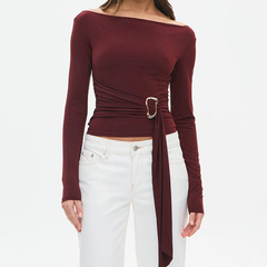 Off shoulder long sleeve ruched solid top